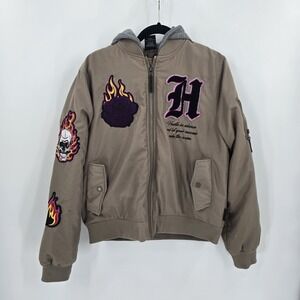 RING OF FIRE Jacket Nylon Bomber Flight Brown Woman's Size Small‎ Multi Patch
